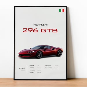 May include: A framed poster featuring a red Ferrari 296 GTB sports car. The poster includes the Ferrari logo and model name in red, along with performance specifications such as engine size, power, and top speed. The year 2025 is also displayed.