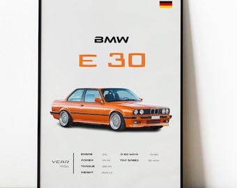 Plakat BMW E30, grafika ścienna z klasycznymi samochodami, wydruk z samochodem sportowym, wystrój motoryzacyjny