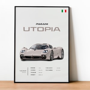 May include: A framed poster featuring a Pagani Utopia sports car. The car is light gray with a sleek design. The poster includes the text "PAGANI UTOPIA" and specifications such as engine size, power, torque, and weight. The Italian flag is in the upper right corner.