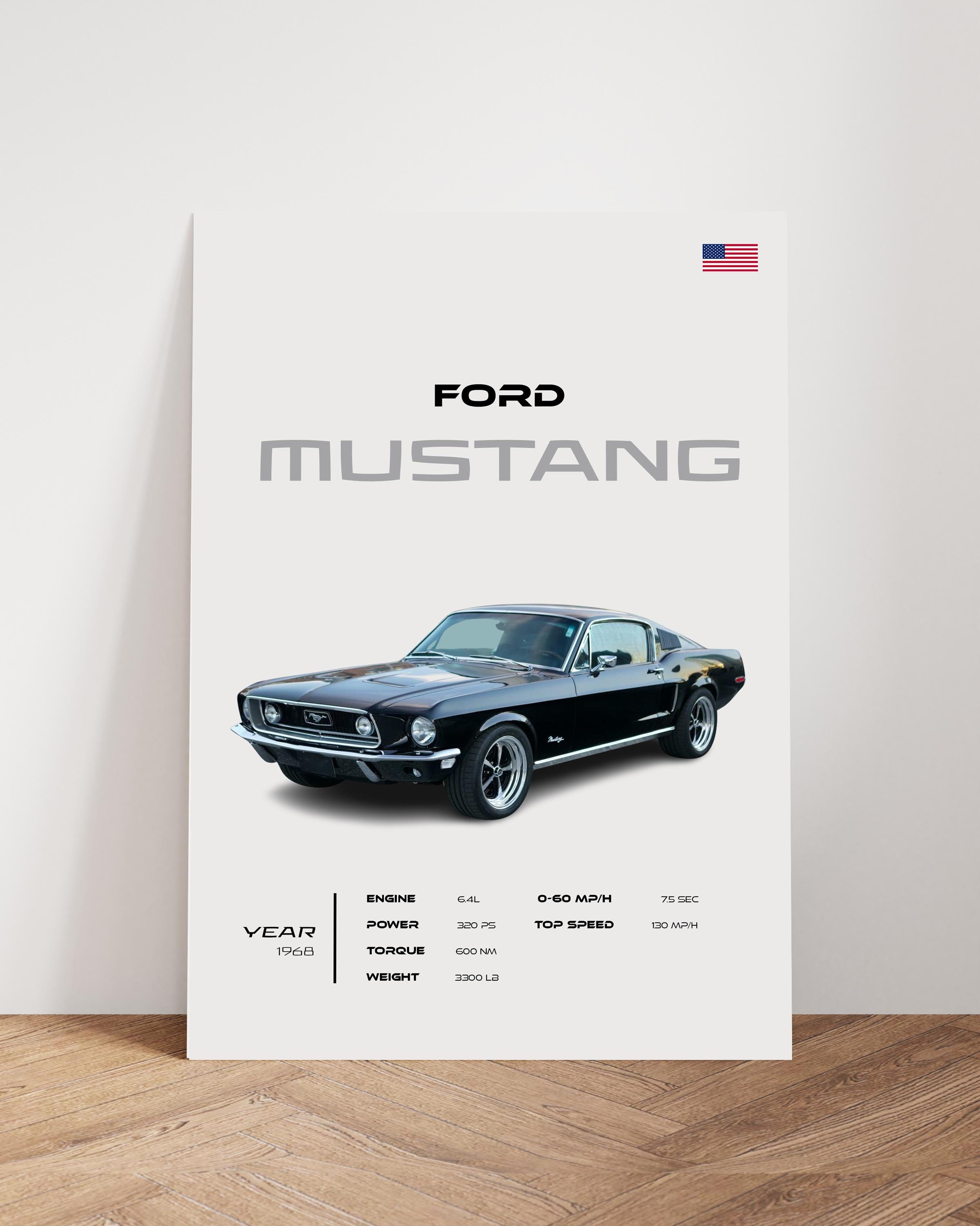 1968 Ford Mustang Poster, Classic Muscle Car Wall Art, Vintage