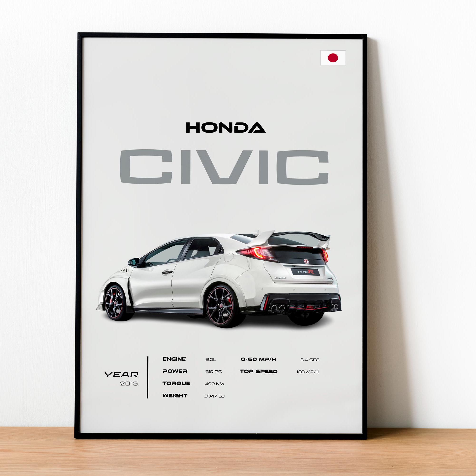 Honda Civic Type R Poster, Sports Car Wall Art, Car Enthusiast