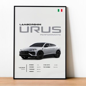 May include: A framed poster featuring a silver Lamborghini Urus Performante. The poster includes the car's specifications: engine, power, torque, and weight. The Italian flag is in the upper right corner. The year 2024 is also displayed.