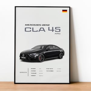 May include: A framed print featuring a black Mercedes-Benz CLA 45 AMG car. The image includes the car's specifications: engine size, power, torque, and weight. The German flag is in the upper right corner. The text "MERCEDES-BENZ CLA 45 AMG" is at the top.