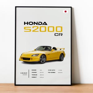 May include: A framed poster featuring a yellow Honda S2000 CR sports car. The poster includes the text "HONDA S2000 CR" in yellow, along with specifications such as engine size, power, and top speed. The year 2008 is also displayed.