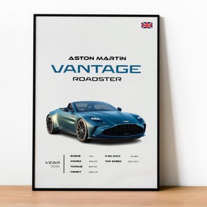 May include: A framed poster featuring an Aston Martin Vantage Roadster. The car is a teal blue convertible with black wheels. Text includes "ASTON MARTIN VANTAGE ROADSTER" and specifications: 4.0L engine, 656 PS power, 800 Nm torque, and 3900 lb weight.