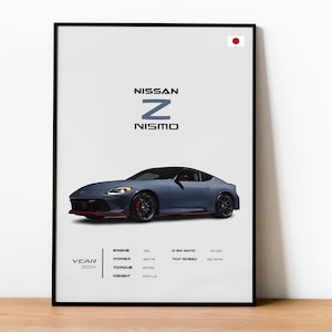 Op de afbeelding: Een ingelijste poster met een donkerblauwe Nissan Z Nismo sportwagen. De poster bevat de tekst "NISSAN Z NISMO" en specificaties zoals motorinhoud, vermogen, koppel en gewicht. Het jaar 2024 wordt ook weergegeven.