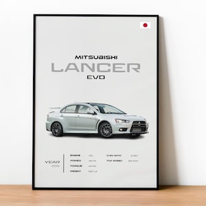 Może przedstawiać: Oprawiony wydruk przedstawiający srebrny samochód Mitsubishi Lancer EVO. Wydruk zawiera tekst "MITSUBISHI LANCER EVO" oraz specyfikacje, takie jak pojemność silnika, moc, moment obrotowy i waga. Wyświetlany jest również rok 2015.