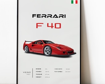 May include: A red Ferrari F40 sports car with a white background. The car has a black interior and black wheels. The text "FERRARI F 40" is displayed in black letters above the car. The car's specifications are listed below the car: YEAR 1987, ENGINE 3.0L, POWER 470 PS, TORQUE 577 NM, WEIGHT 2723 La, 0-60 MPH 3.0 SEC, TOP SPEED 201 MPH.