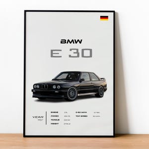 Póster del BMW E30 de 1987 - Arte mural de coches clásicos - Impresión de coche deportivo negro - Decoración automotriz - Regalo perfecto para entusiastas de los coches