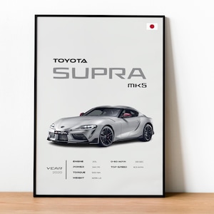 Könnte beinhalten: Gerahmtes Poster mit einem silbernen Toyota Supra MKS. Das Poster zeigt "TOYOTA SUPRA MKS" und Spezifikationen wie Hubraum, Leistung, Drehmoment und Gewicht. Das Jahr 2020 ist ebenfalls angegeben. Oben rechts ist eine japanische Flagge.