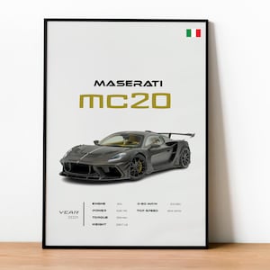 Maserati MC20 Poster - Italian Supercar Elegance Print - Hypercar Wall Art - Framed Wall Decor - Unique Gift
