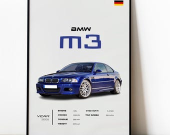 Póster del BMW M3 E46, impresión de coche deportivo clásico, arte mural de coches alemanes, decoración de garaje