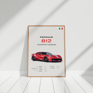 May include: A poster featuring a red Ferrari 812 Competizione sports car with a white stripe. The poster has the text "Ferrari 812 Competizione" and the Italian flag in the top right corner.