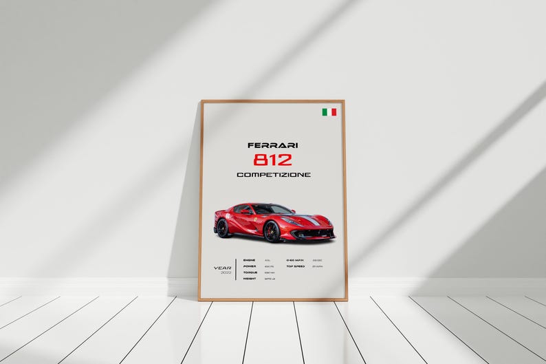 May include: A poster featuring a red Ferrari 812 Competizione sports car with a white stripe. The poster has the text "Ferrari 812 Competizione" and the Italian flag in the top right corner.