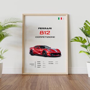 May include: A poster featuring a red Ferrari 812 Competizione sports car with a white stripe. The poster has the Italian flag and the text "Ferrari 812 Competizione" in black.