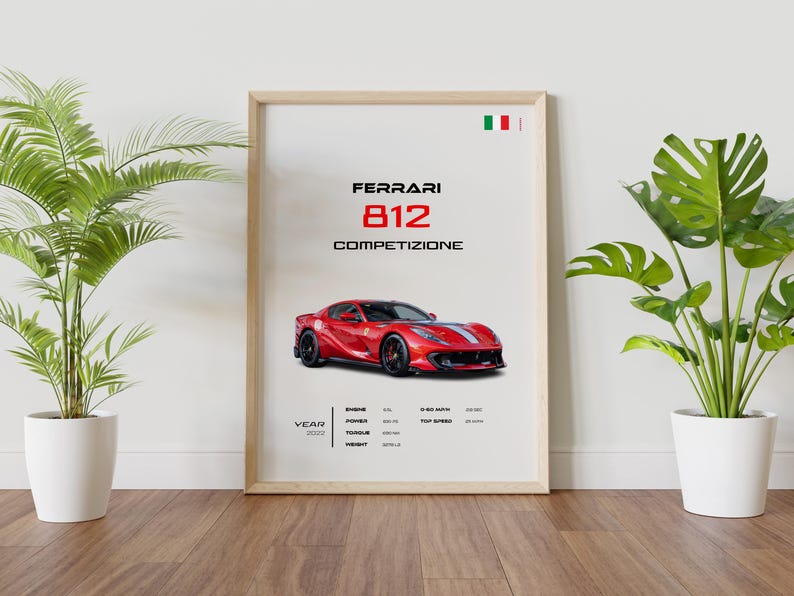 May include: A poster featuring a red Ferrari 812 Competizione sports car with a white stripe. The poster has the Italian flag and the text "Ferrari 812 Competizione" in black.