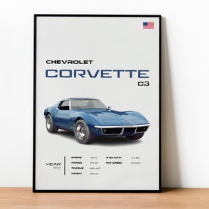 Affiche Chevrolet Corvette C3 | Art mural de voiture vintage, décoration rétro, cadeau parfait pour les amateurs de voitures et les collectionneurs