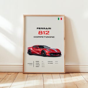 May include: A red Ferrari 812 Competizione sports car with a white stripe. The car is on a white background with text that says "Ferrari 812 Competizione" and includes specifications for the car, including year, engine, power, torque, weight, 0-60 mph, and top speed.