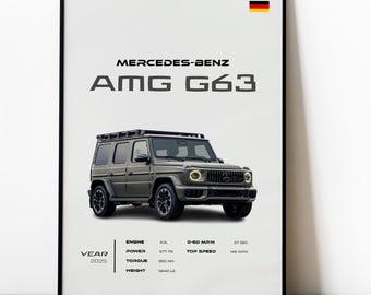 Puede incluir: Una impresión enmarcada con un SUV Mercedes-Benz AMG G63. El póster incluye las especificaciones del coche: motor, potencia, par y peso. También se muestra el año 2025. La bandera alemana está en la esquina superior derecha.