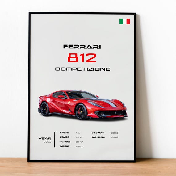 Ferrari 812 Competizione Poster, Red Supercar Automotive Art