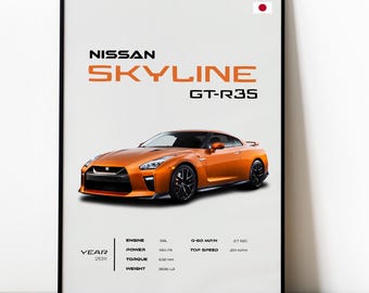 Nissan GT-R R35 Poster, Japanese Sports Car Wall Art, Iconic Skyline Decor