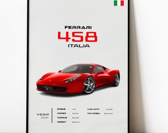 May include: A framed poster featuring a red Ferrari 458 Italia sports car. The poster includes the text "FERRARI 458 ITALIA" in red, along with specifications such as engine size, power, torque, and weight. The year 2009 is also displayed.