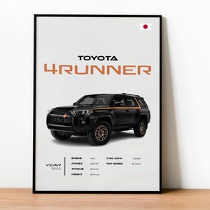 Könnte beinhalten: Ein gerahmtes Poster mit einem schwarzen Toyota 4Runner SUV. Das Poster zeigt den Text "TOYOTA 4RUNNER" in Orange sowie Spezifikationen wie Motorgröße, Leistung, Drehmoment und Gewicht (2120 kg). Das Jahr 2023 ist ebenfalls angegeben.