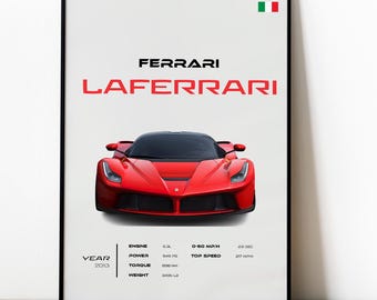 May include: A red Ferrari LaFerrari sports car with a black interior. The car is facing the camera and the front grill is visible. The car is on a white background with the text "FERRARI LAFERRARI" above the car. The text "YEAR 2013" is below the car. The text "ENGINE 6.3L, POWER 549 PS, TORQUE 990 NM, WEIGHT 3496 LB" is below the text "YEAR 2013". The text "O-60 MPH 2.6 SEC, TOP SPEED 217 MPH" is to the right of the text "ENGINE 6.3L".