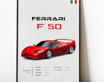 May include: A red Ferrari F50 sports car with a black interior. The car is on a white background with the text "FERRARI F SO" in black and red. The car's specifications are listed below: Year: 1995, Engine: 4.7L, Power: 520 PS, Torque: 470 Nm, Weight: 2970 lbs, 0-60 mph: 3.7 sec, Top Speed: 202 mph.