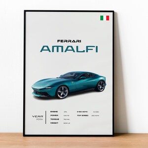 Puede incluir: Un póster enmarcado con un coche deportivo Ferrari Amalfi de color turquesa. El póster incluye el texto "FERRARI AMALFI" y especificaciones como el tamaño del motor, la potencia, el par y el peso (1469 kg). La bandera italiana está arriba a la derecha.