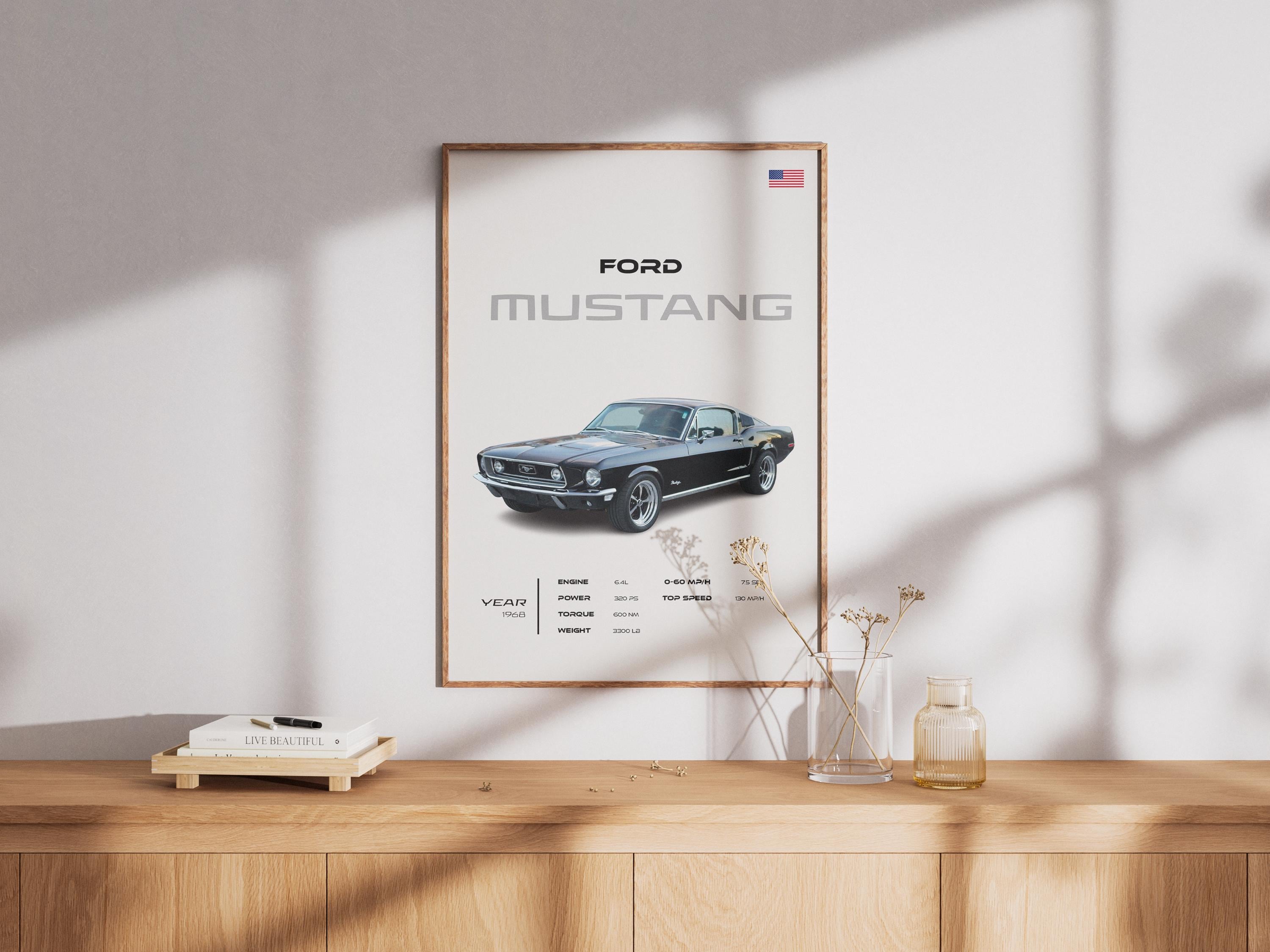 1968 Ford Mustang Poster, Classic Muscle Car Wall Art, Vintage