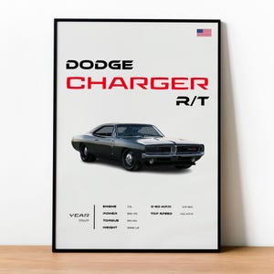 Póster de Dodge Charger RT de 1969: arte mural de muscle car vintage para él, impresión de coche clásico americano, decoración de garaje, idea de regalo para amantes de los coches retro
