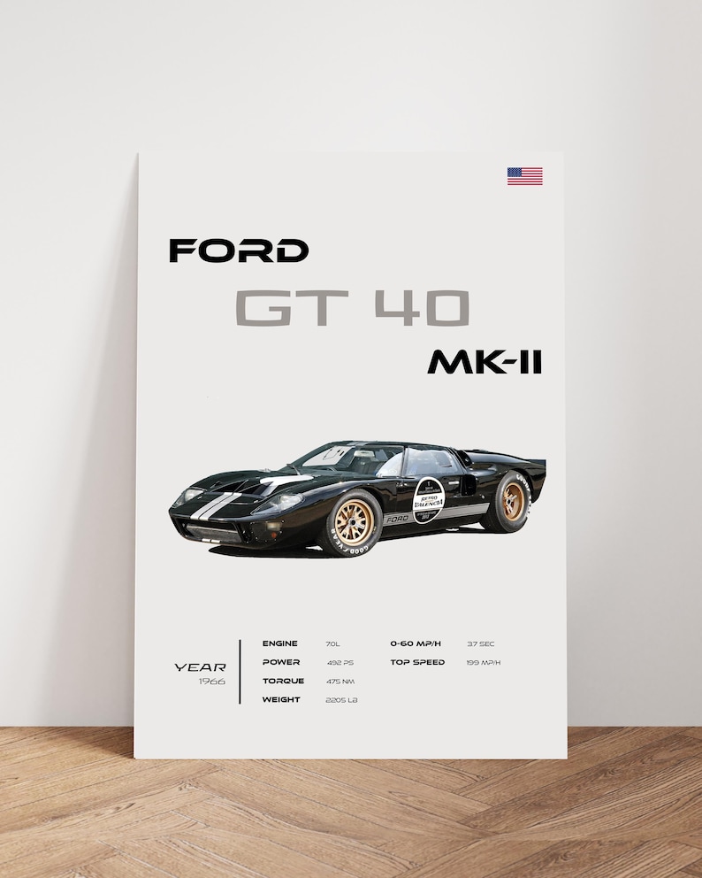 Ford GT40 MKII Poster, 1966 Le Mans Race Car Art, Vintage Muscle Car ...