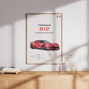 May include: A poster featuring a red Ferrari 812 Competizione sports car with the Italian flag in the top right corner. The poster has the text "Ferrari 812 Competizione" in black.