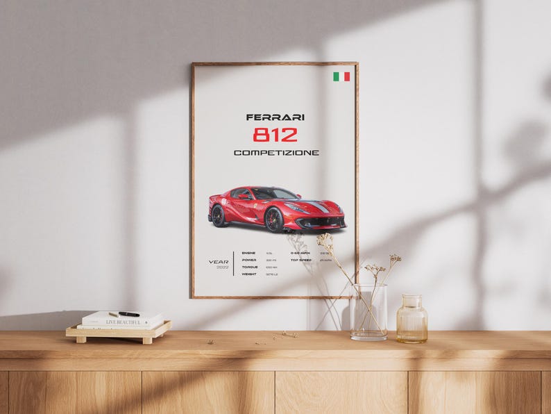 May include: A poster featuring a red Ferrari 812 Competizione sports car with the Italian flag in the top right corner. The poster has the text "Ferrari 812 Competizione" in black.