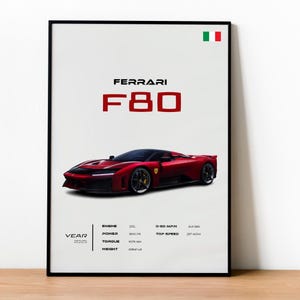 May include: Framed poster featuring a red Ferrari F80 sports car. The poster includes the text "FERRARI F80" in bold red letters, along with performance specifications such as engine size, power, torque, and weight (3362 lbs). The Italian flag is in the top right corner.
