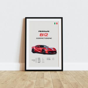 May include: A poster featuring a red Ferrari 812 Competizione sports car with the Italian flag in the top right corner. The poster includes the text "Ferrari 812 Competizione" and technical specifications for the car.
