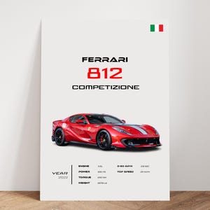 May include: A red Ferrari 812 Competizione sports car with a white stripe on the hood. The car has a black interior and black wheels. The car is on a white background with the text "Ferrari 812 Competizione" in black. The car's specifications are listed below: Year: 2022, Engine: 6.5L, Power: 830 PS, Torque: 690 Nm, Weight: 3270 lbs.