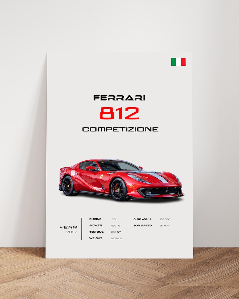 May include: A red Ferrari 812 Competizione sports car with a white stripe on the hood. The car has a black interior and black wheels. The car is on a white background with the text "Ferrari 812 Competizione" in black. The car's specifications are listed below: Year: 2022, Engine: 6.5L, Power: 830 PS, Torque: 690 Nm, Weight: 3270 lbs.