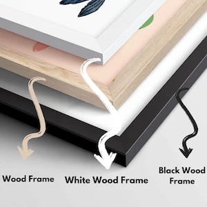 May include: Three different frame options for a picture or artwork: a natural wood frame, a white wood frame, and a black wood frame.
