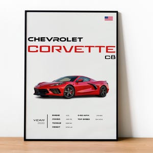Poster Chevrolet Corvette C8 - Art mural voiture de sport américaine moderne - Déco murale Corvette C8 - Cadeau automobile pour les amateurs de voiture