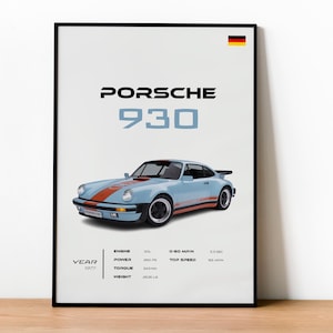 Poster Porsche 930 Turbo, oeuvre d&#39;art murale de voiture de sport classique, décoration automobile