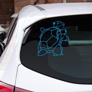 May include: A blue outline of a cartoon turtle character is displayed on the rear window of a white car. The cartoon character is in a standing pose, with its arms crossed. The car is parked outside.