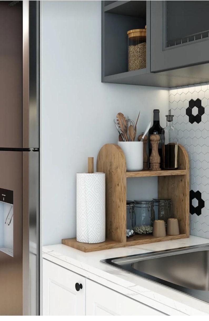 rustic wooden kitchen shelf with paper towel holder -spice rack organizer ,handcrafted,farmhouse,compact,elegant,decorative,durable,modern