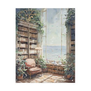 Oceanview Witchcraft Study Poster | Plant-Filled Library Painting Print