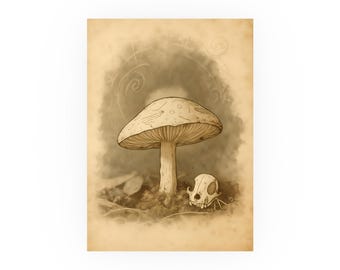 Könnte beinhalten: Sepiafarbene Illustration eines großen Pilzes und eines kleinen Schädels. Der Pilz hat einen hellen Hut und Stiel. Das Kunstwerk ist detailliert, mit schwachen Wirbelmustern im Hintergrund.