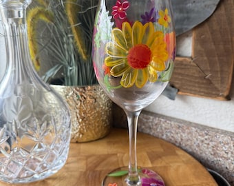 Hand Painted Floral Wine Glass | Colorful Garden Stemware | Boho Cottagecore Glass | Unique Gift
