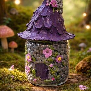 May include: A decorative fairy house jar featuring a purple, textured roof and a stone-effect base decorated with pink flowers and a purple door. The jar is set in a mossy environment with soft lighting.