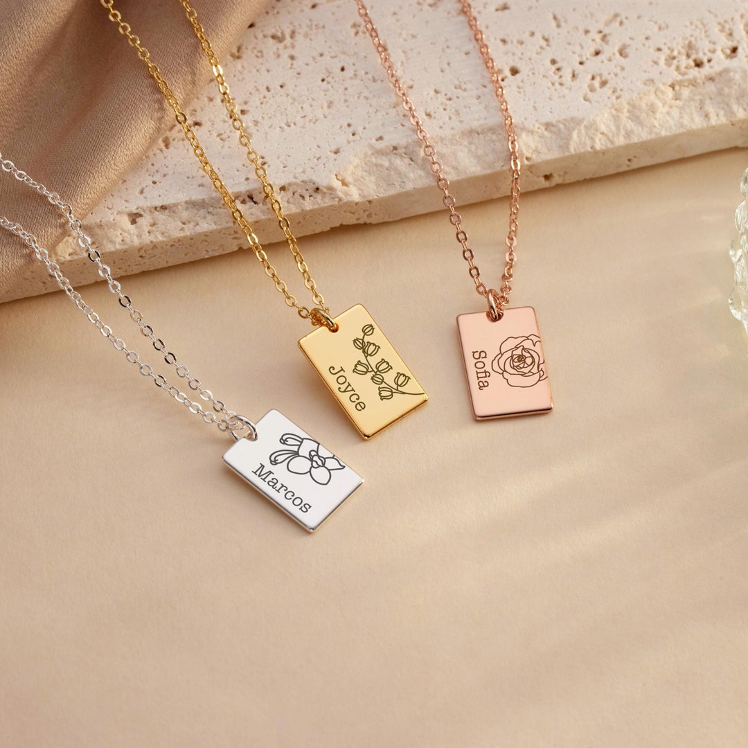 Birth Flower Name Tag Necklace,family Name Necklace With Birth Flower ...