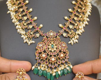 Kempu Statement Necklace Set, Antique Gold, South Indian Bridal Jewelry, Green Pearl Drops